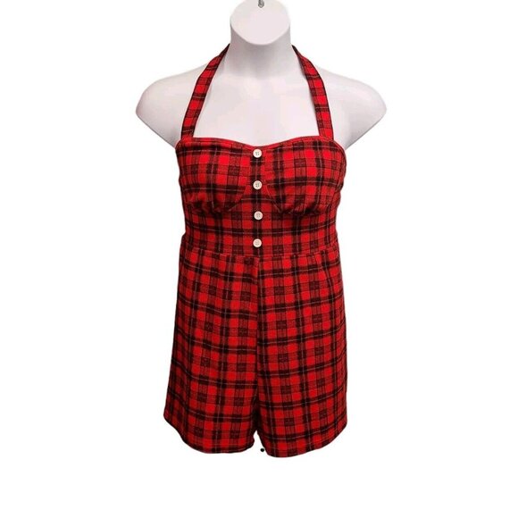 Shein Curve Romper Womens 1x Red Plaid Halter Neck Sweetheart Neckline - Picture 1 of 6